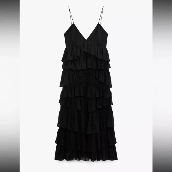 Elegant Black Tiered Midi Ruffle Dress - Picture 1 of 1